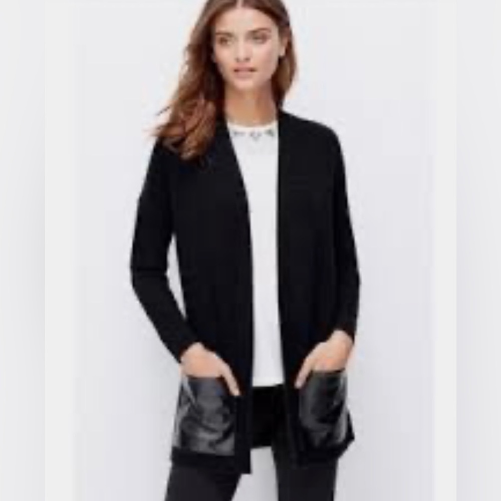 Ann Taylor faux leather pocketed black sweater cardigan